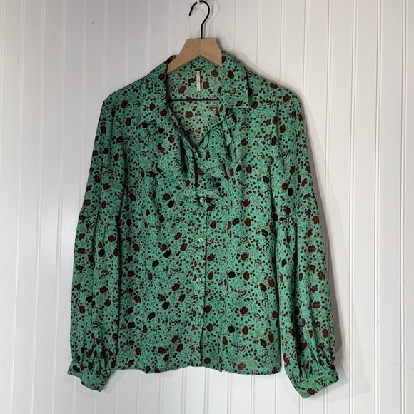 Free People Floral Ruffle Blouse M Pistachio Green Cottage Coquette Victorian - Picture 1 of 11
